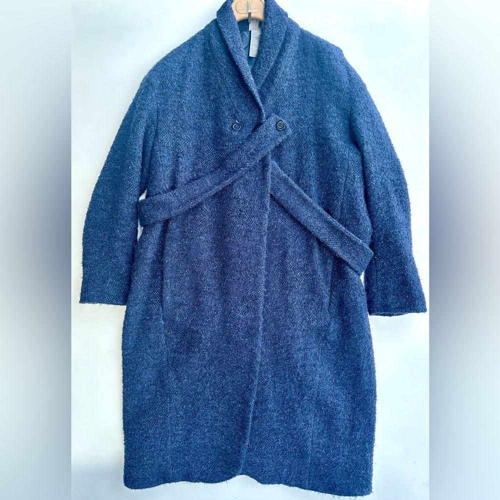 LILITH Boucle Women's Navy Blue Linen Alpaca Mohair Wool Coat Crisscross Belt XS